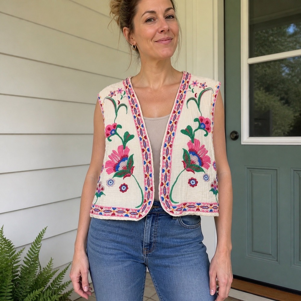 SundayUp Embroidered Floral Vest Large Cream Excellent Boho Cropped (2349)